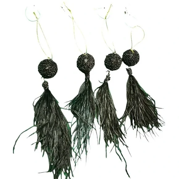 Black beaded ball & feather tassel Christmas ornaments/home decor 4 pieces 7.5” - Picture 1 of 12